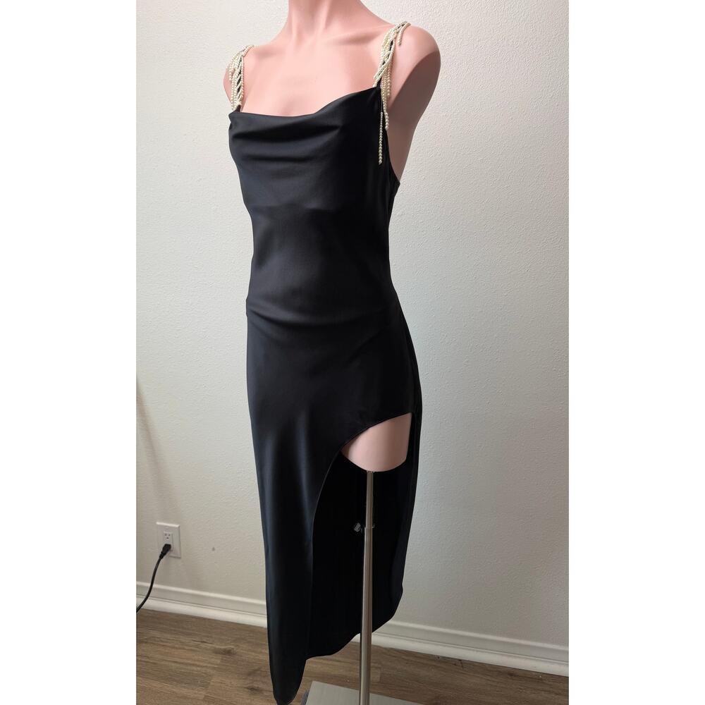 Fleur du Mal Black Silk Pearl Strap High Slit Midi Dress Size S - Picture 2 of 15